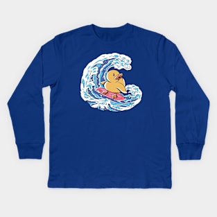 Funny Surfing Rubber Ducky Great Wave Japanese Illustration Kids Long Sleeve T-Shirt